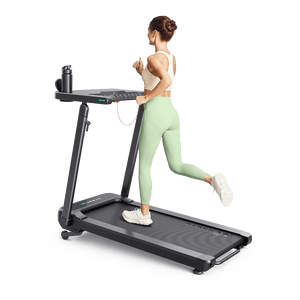 UREVO Foldi 3S Smart Treadmill: Woman running on a black treadmill with an adjustable desk, integrated design.