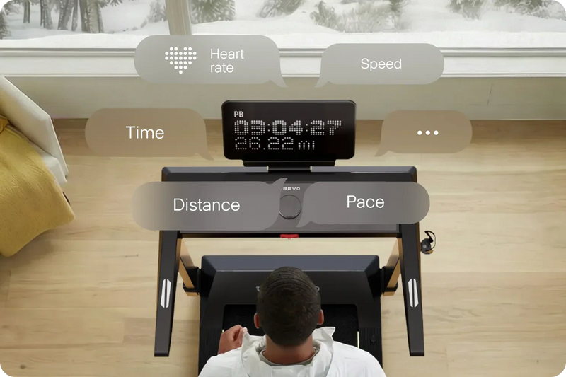 Treadmill to Lose Weight display showing time, pace, speed, distance, and heart rate metrics during a home workout session