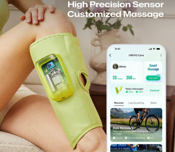 A leg massager with a high-precision sensor offers customized massage, controlled via a smartphone app for recovery and relaxation.