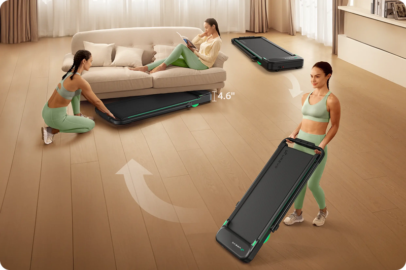 A woman is demonstrating how to store a walking pad and the storage methods