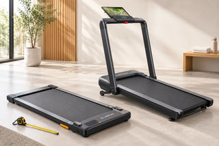 Compact walking pad beside a full-size treadmill with a longer running belt