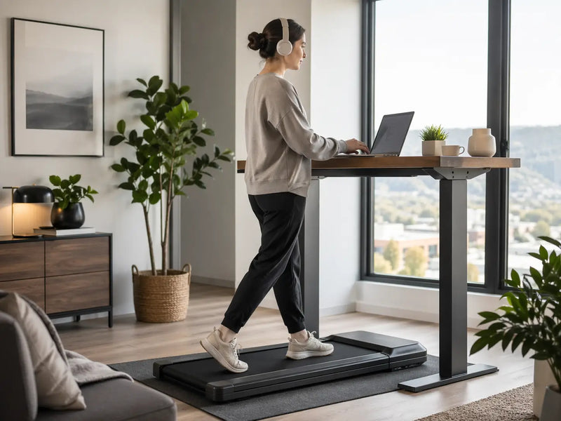 Person using a quiet walking pad in a home office.