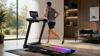 Athlete running on a smart treadmill in a modern home gym.