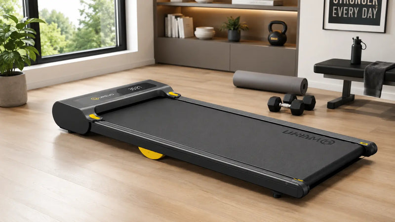 Compact treadmill in a modern home gym