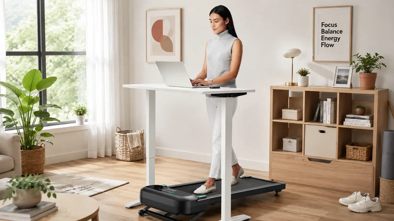 Woman walking on an under-desk treadmill while working.