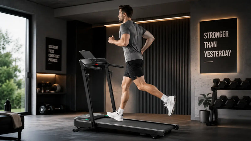 White male athlete running on a foldable treadmill in a modern home gym.