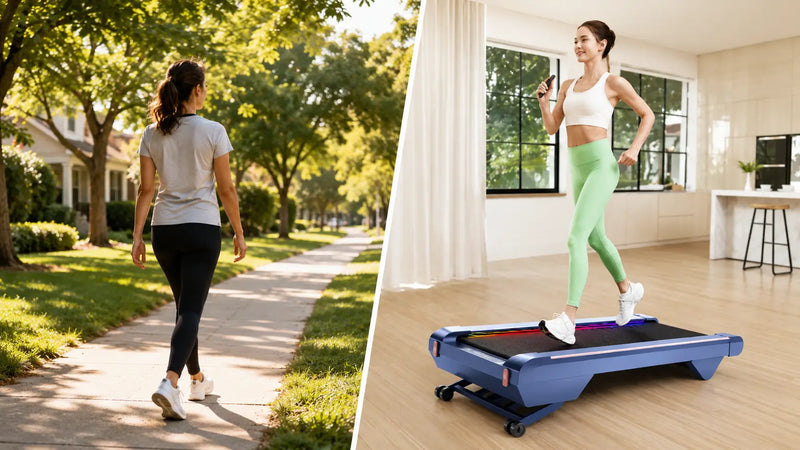 Woman compares outdoor walking with treadmill walking indoors.