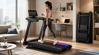 Woman walks on a folding treadmill in a small apartment.