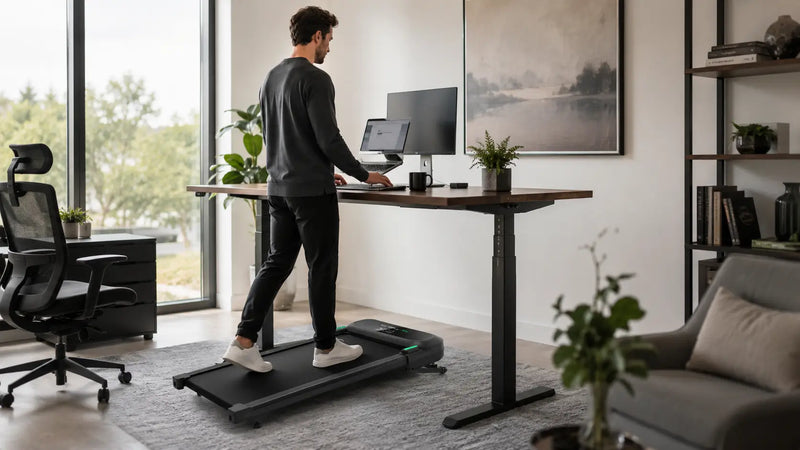 Man walking on an under-desk treadmill while working