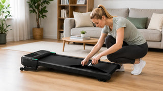 Woman lubricating a compact treadmill belt in a living room.