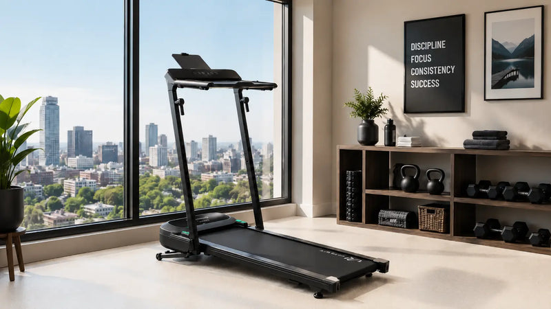 Treadmill by a sunny city-view window in a home gym.