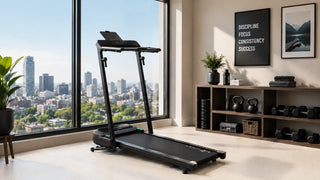 Treadmill by a sunny city-view window in a home gym.