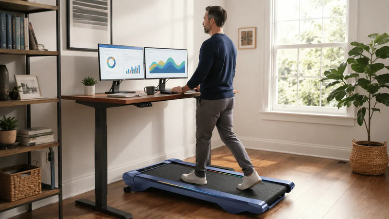 Dad using UREVO under desk walking pad while working from home