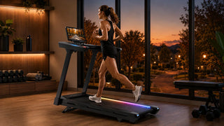 Female runner training on smart treadmill at twilight