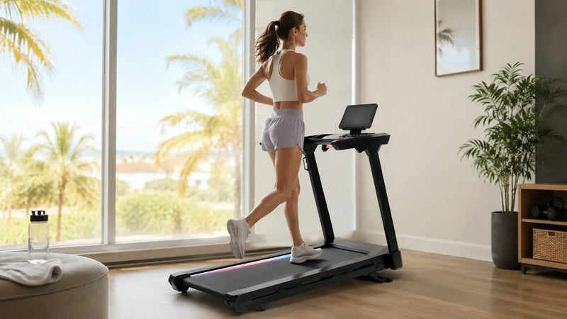 Woman jogging on a treadmill in a bright home workout room