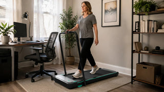 Middle-aged woman uses a walking pad in a home office