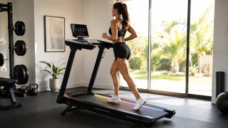 Fit woman running on a treadmill in a bright home gym