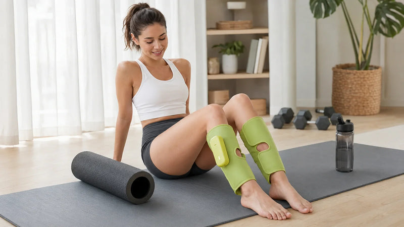 Woman wearing green leg massagers beside a foam roller after a workout