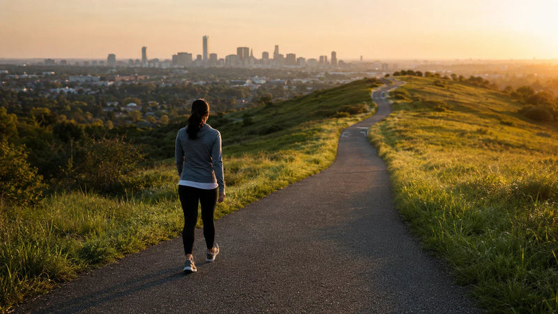 Woman walking a long paved trail at sunrise toward a distant city skyline