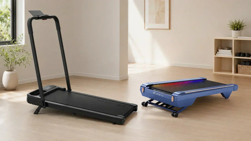 UREVO Strol 2E treadmill and CyberPad incline walking pad side by side