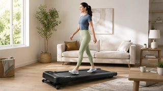 Woman walking on a walking pad in a bright modern living room at home