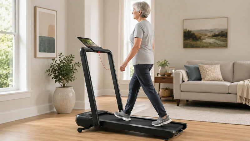 Older woman walking on a UREVO treadmill at home