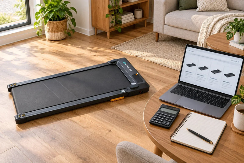 UREVO walking pad beside a laptop, calculator, and budget notebook