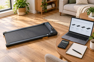 UREVO walking pad beside a laptop, calculator, and budget notebook