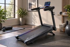 Smart UREVO treadmill connected to a workout app and fitness watch