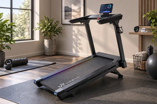 Smart UREVO treadmill connected to a workout app and fitness watch
