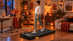 UREVO walking pad in a Halloween-themed home.