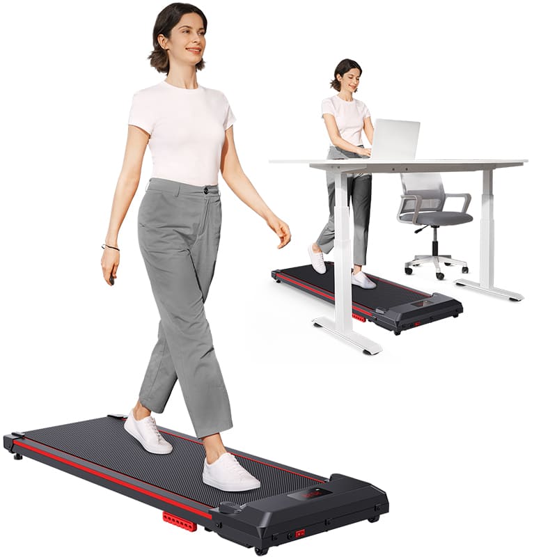 A woman walks on the UREVO SpaceWalk E1 Walking Pad, also shown using it under a standing desk