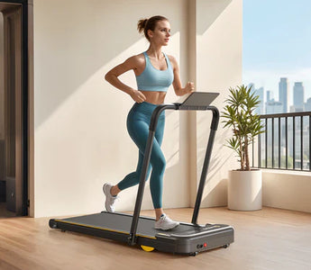 A woman runs on a treadmill in a sunny balcony setting.