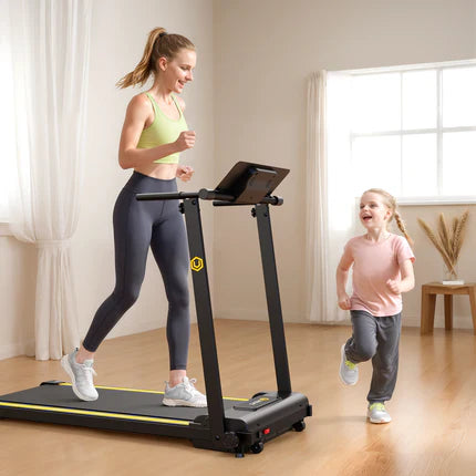 A Woman Running On The UREVO Foldi Mini Treadmill