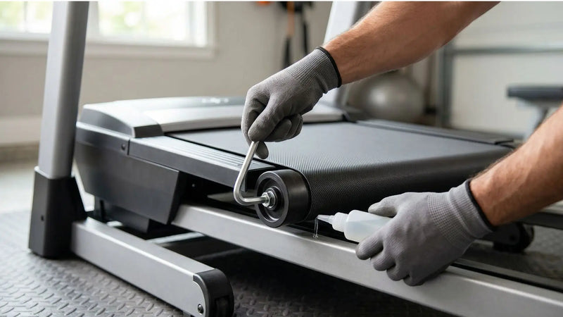 A person is repairing a treadmill