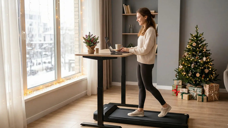Woman working on a UREVO walking pad in a festive, cozy home with a snowy winter view.