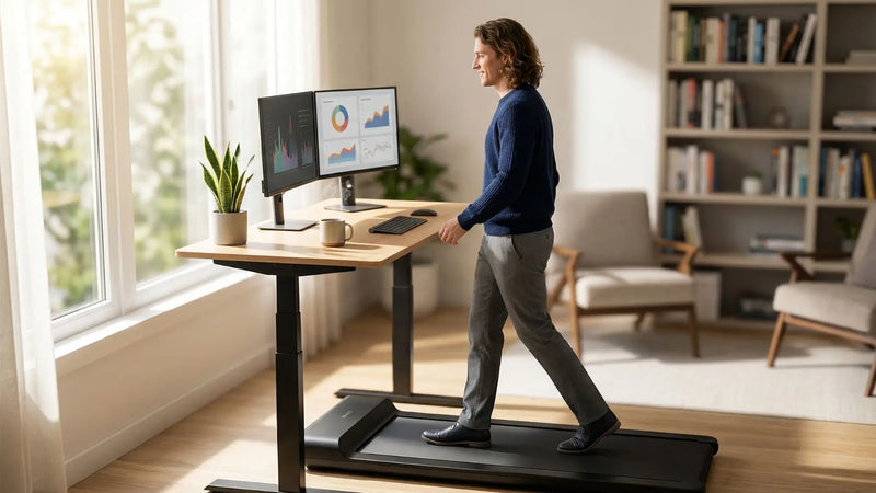 A white male is working and exercising on a walking pad.
