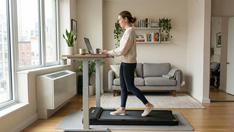A woman walks on a walking pad while working.