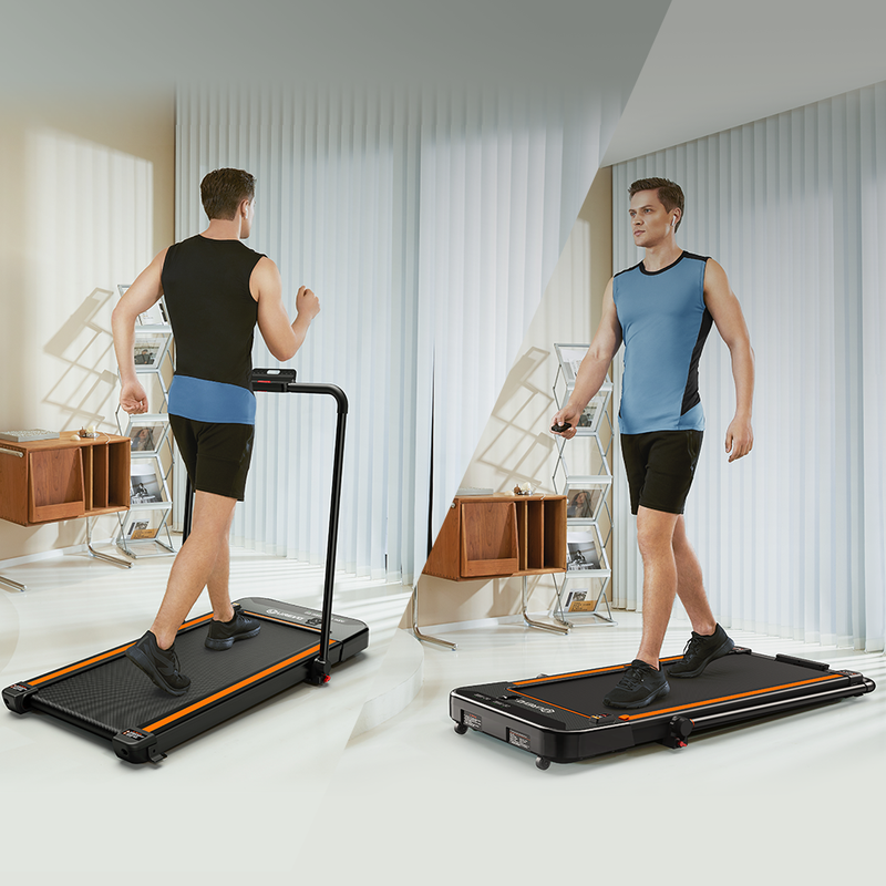 A man uses the versatile UREVO SpaceWalk E2 Walking Pad for running and walking modes in a bright room