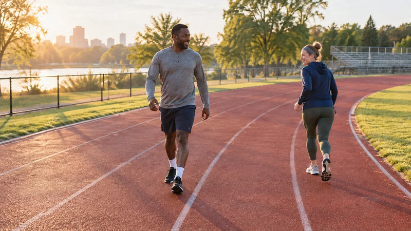 Two friends exercising on an outdoor track