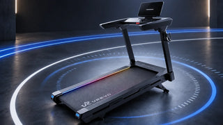 UREVO treadmill surrounded by pace tracking light rings
