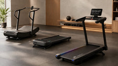 Motorized treadmill, walking pad, and curved treadmill in a modern home gym