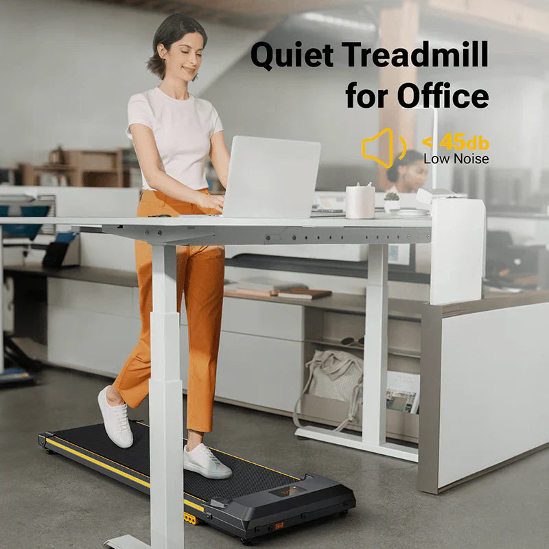 Office Lady Utilizing Urevo Spacewalk E1 Treadmill Under Desk