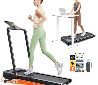 A woman running on a treadmill with app integration, and another using it as a standing desk in a modern setting.