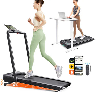 A woman running on a treadmill with app integration, and another using it as a standing desk in a modern setting.