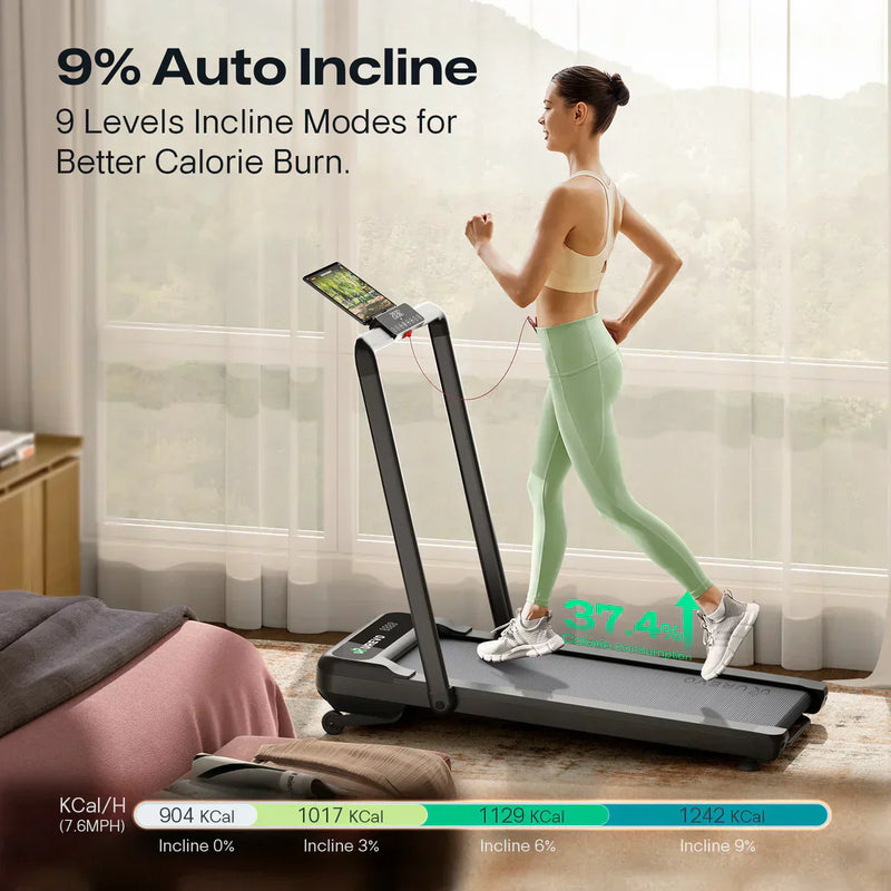 A woman running on a treadmill with auto incline features for better calorie burn.