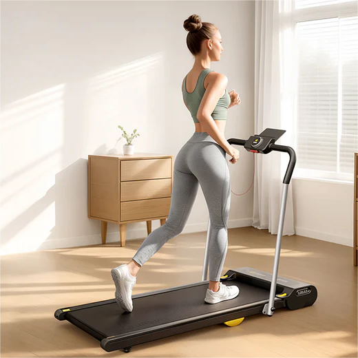 A Woman Running on the UREVO Strol 1E Treadmill