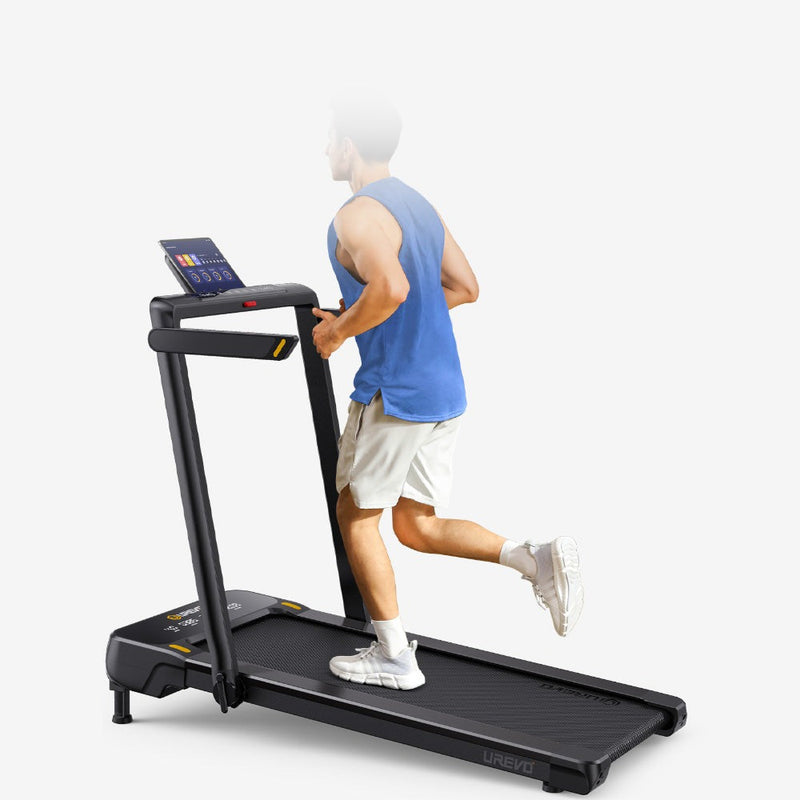 Athlete running on the UREVO Strol 1 Pro Treadmill, featuring a sleek black design with digital display for effective home workouts