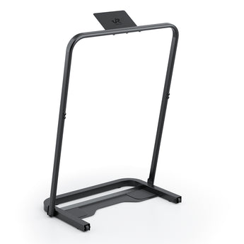 UREVO Walking Pad Handrail in black, with iPad holder, foldable design and discreet wheels for easy mobility