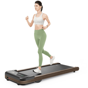 UREVO SpaceWalk E4W Smart Walking Pad - Woman running on a wood-finished treadmill for home exercise.